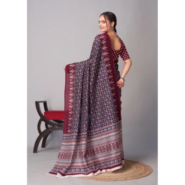 Women's Cotton Ajrakh Printed Saree With Unstitched Blouse 5.5Mtr (Navy Blue) - Image 4