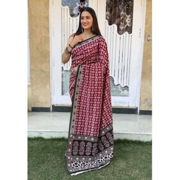 Women's Cotton Ajrakh Printed Saree With Unstitched Blouse 5.5Mtr (Red) - Image 2