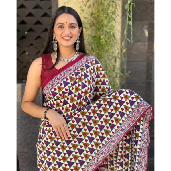 Women's Cotton Ajrakh Printed Saree With Unstitched Blouse 5.5Mtr (Multicolor) - Image 2