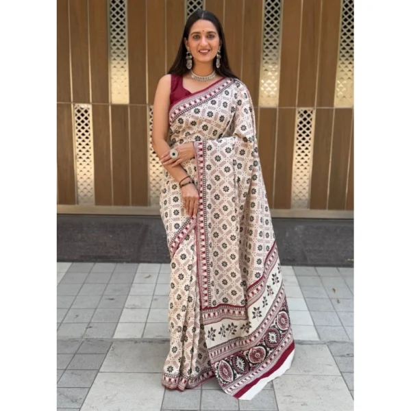Women's Cotton Ajrakh Printed Saree With Unstitched Blouse 5.5Mtr (Multicolor)