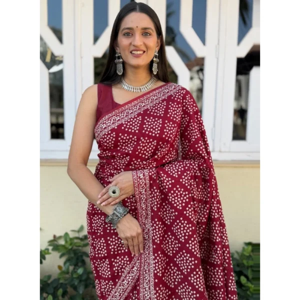 Women's Cotton Ajrakh Printed Saree With Unstitched Blouse 5.5Mtr (Red) - Image 2