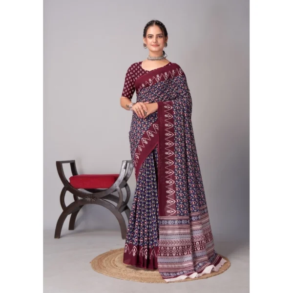 Women's Cotton Ajrakh Printed Saree With Unstitched Blouse 5.5Mtr (Navy Blue)