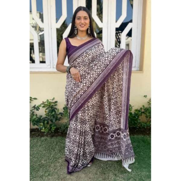 Women's Cotton Ajrakh Printed Saree With Unstitched Blouse 5.5Mtr (Purple)