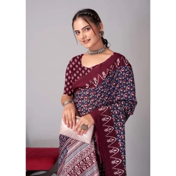 Women's Cotton Ajrakh Printed Saree With Unstitched Blouse 5.5Mtr (Navy Blue) - Image 2