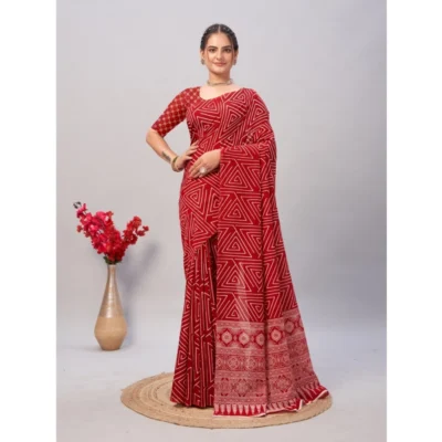 Women's Cotton Ajrakh Printed Saree With Unstitched Blouse 5.5Mtr (Red)