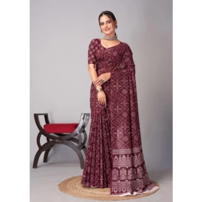 Women's Cotton Ajrakh Printed Saree With Unstitched Blouse 5.5Mtr (Brown)