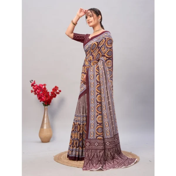 Women's Cotton Ajrakh Printed Saree With Unstitched Blouse 5.5Mtr (Brown) - Image 3