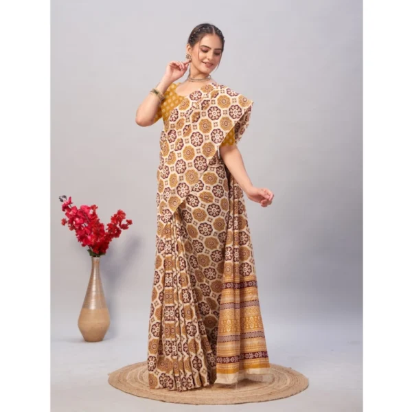 Women's Cotton Ajrakh Printed Saree With Unstitched Blouse 5.5Mtr (Mustard) - Image 4