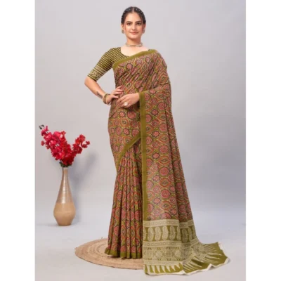 Women's Cotton Ajrakh Printed Saree With Unstitched Blouse 5.5Mtr (Mehendi green)