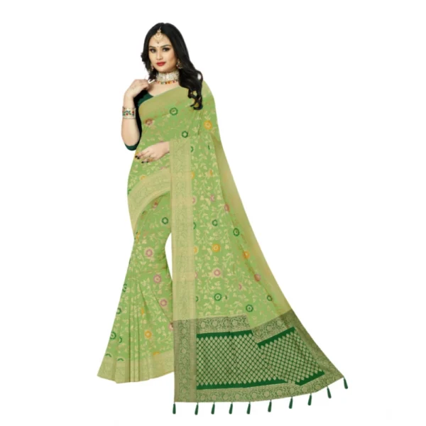 Generic Women's Banarasi Printed Saree With Unstitched Blouse 5.5Mtr (Light Green)