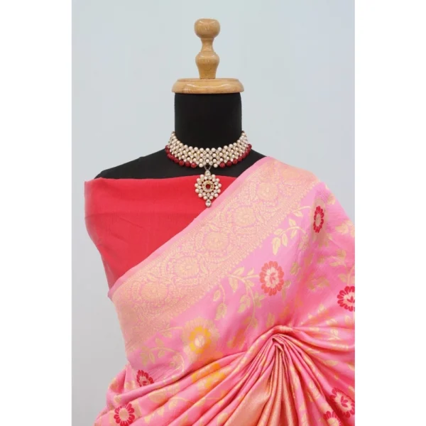 Generic Women's Banarasi Printed Saree With Unstitched Blouse 5.5Mtr (Pink) - Image 2