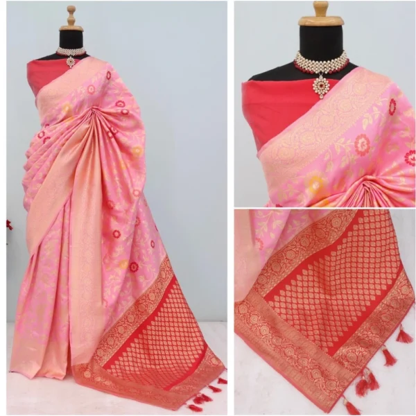 Generic Women's Banarasi Printed Saree With Unstitched Blouse 5.5Mtr (Pink) - Image 3