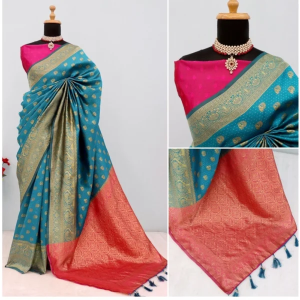 Generic Women's Banarasi Printed Saree With Unstitched Blouse 5.5Mtr (Aqua Blue) - Image 2