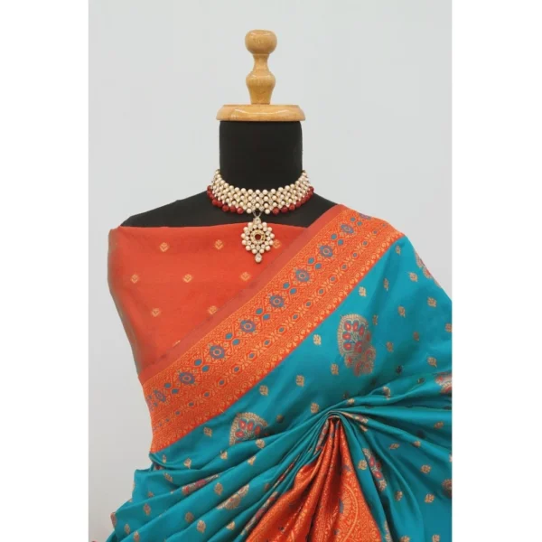 Generic Women's Banarasi Printed Saree With Unstitched Blouse 5.5Mtr (Rama) - Image 3