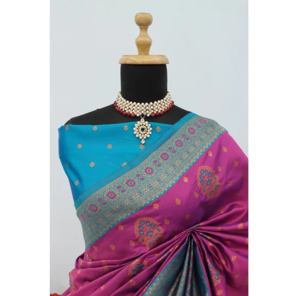 Generic Women's Banarasi Printed Saree With Unstitched Blouse 5.5Mtr (Purple) - Image 2