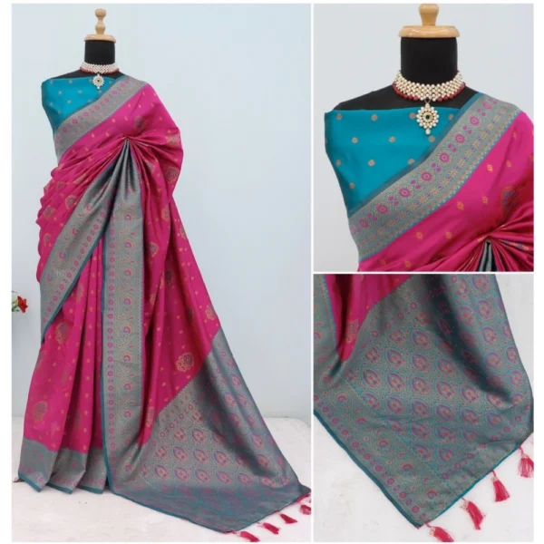 Generic Women's Banarasi Printed Saree With Unstitched Blouse 5.5Mtr (Rani) - Image 3