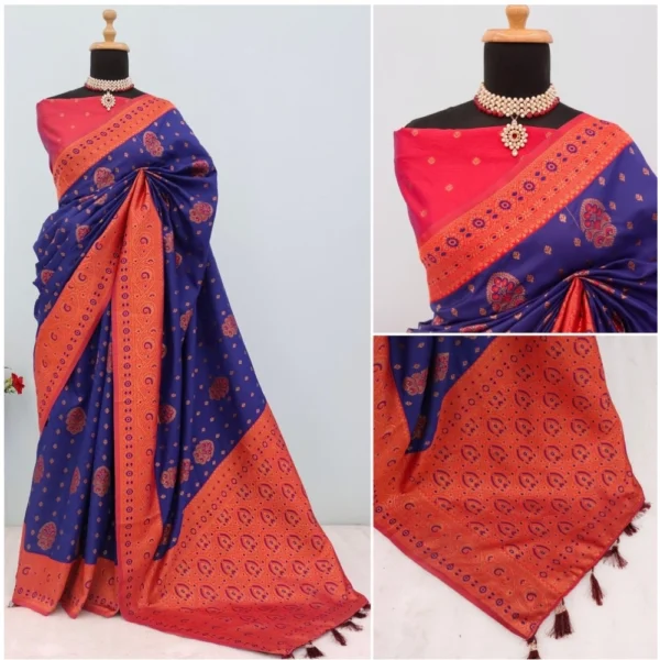 Generic Women's Banarasi Printed Saree With Unstitched Blouse 5.5Mtr (Navy Blue) - Image 2
