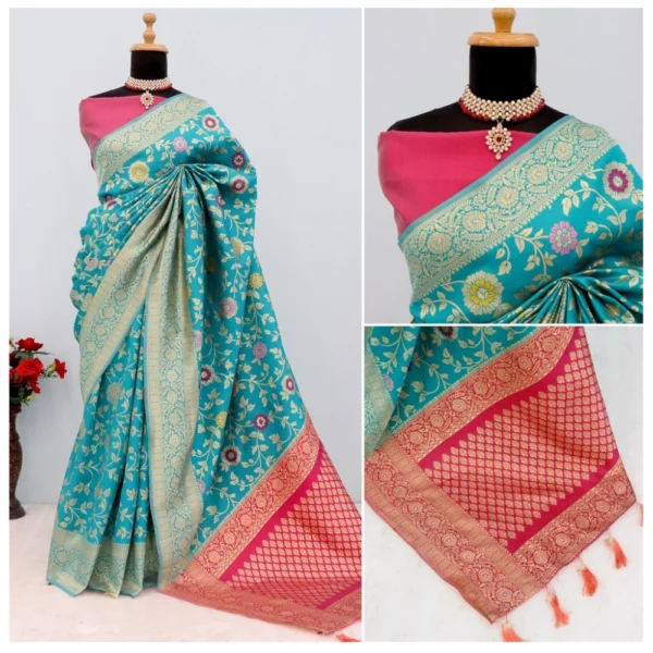 Generic Women's Banarasi Printed Saree With Unstitched Blouse 5.5Mtr (Rama) - Image 3