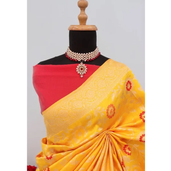 Generic Women's Banarasi Printed Saree With Unstitched Blouse 5.5Mtr (Yellow) - Image 2