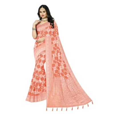 Generic Women's Cotton Printed Saree With Unstitched Blouse 5.5Mtr (Orange)