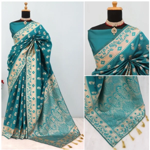 Generic Women's Satin Printed Saree With Unstitched Blouse 5.5Mtr (Rama) - Image 3