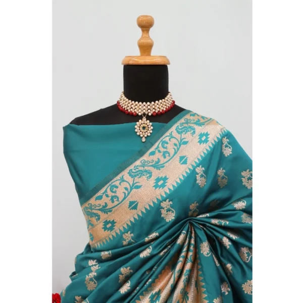 Generic Women's Satin Printed Saree With Unstitched Blouse 5.5Mtr (Rama) - Image 2
