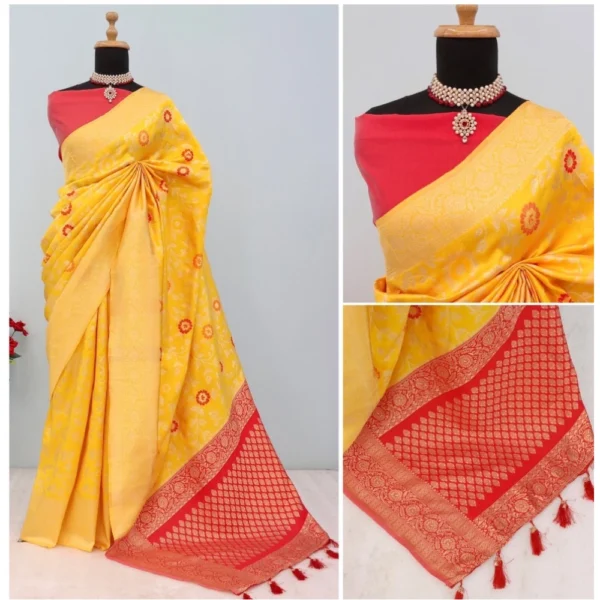 Generic Women's Banarasi Printed Saree With Unstitched Blouse 5.5Mtr (Yellow) - Image 3