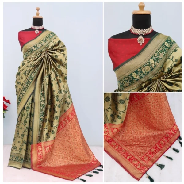 Generic Women's Banarasi Printed Saree With Unstitched Blouse 5.5Mtr (Golden) - Image 3