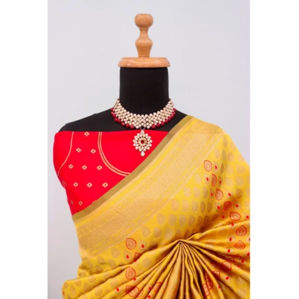 Generic Women's Banarasi Printed Saree With Unstitched Blouse 5.5Mtr (Yellow) - Image 2