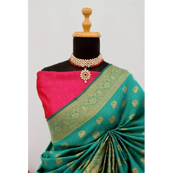 Generic Women's Banarasi Printed Saree With Unstitched Blouse 5.5Mtr (Rama) - Image 2