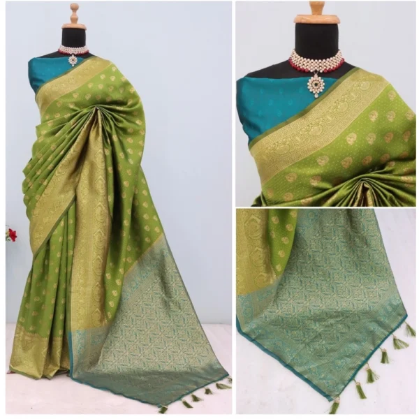 Generic Women's Banarasi Printed Saree With Unstitched Blouse 5.5Mtr (Mehendi Green) - Image 2
