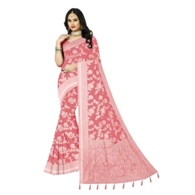 Generic Women's Cotton Printed Saree With Unstitched Blouse 5.5Mtr (Peach)