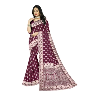 Generic Women's Satin Printed Saree With Unstitched Blouse 5.5Mtr (Brown)