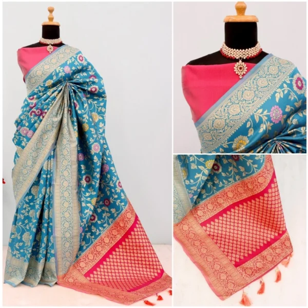Generic Women's Banarasi Printed Saree With Unstitched Blouse 5.5Mtr (Aqua Blue) - Image 2