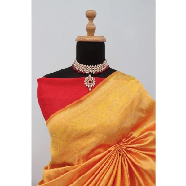 Generic Women's Banarasi Printed Saree With Unstitched Blouse 5.5Mtr (Yellow) - Image 2