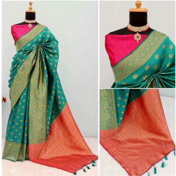 Generic Women's Banarasi Printed Saree With Unstitched Blouse 5.5Mtr (Rama) - Image 3