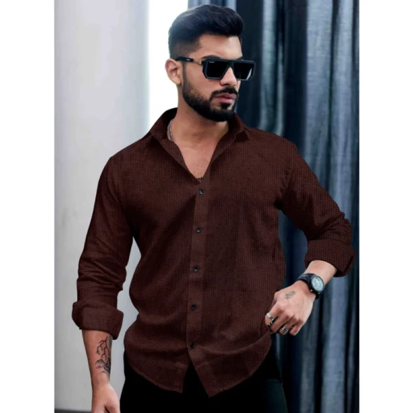 Men's Casual PollyCotton Self-design Full Sleeve Collar Shirt (Brown) - Image 3