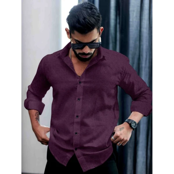 Men's Casual PollyCotton Self-design Full Sleeve Collar Shirt (Wine) - Image 4