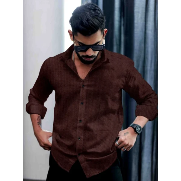 Men's Casual PollyCotton Self-design Full Sleeve Collar Shirt (Brown) - Image 4