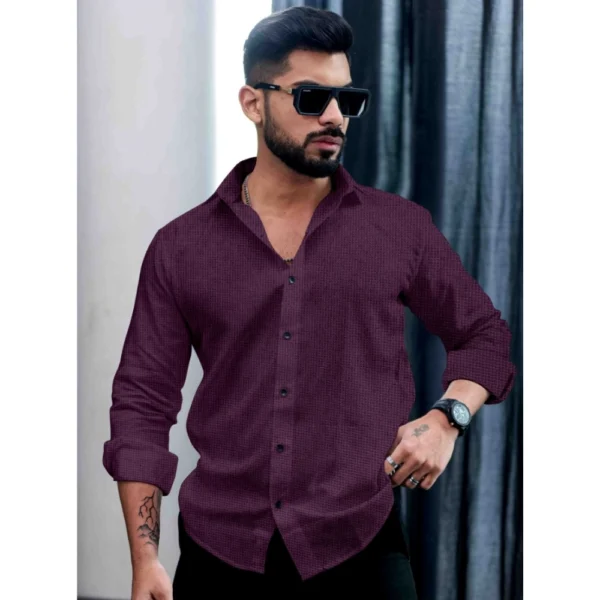 Men's Casual PollyCotton Self-design Full Sleeve Collar Shirt (Wine) - Image 3
