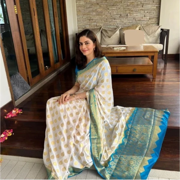 Women's Silk Blend Woven Kanjivaram Saree With Unstitched Blouse (5.5Mtr, White Rama) - Image 2