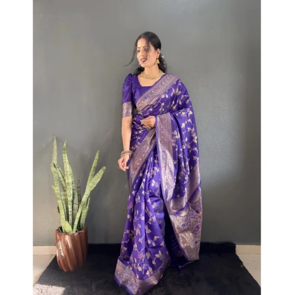 Women's Silk Blend Woven Kanjivaram Saree With Unstitched Blouse (5.5Mtr, Purple) - Image 2