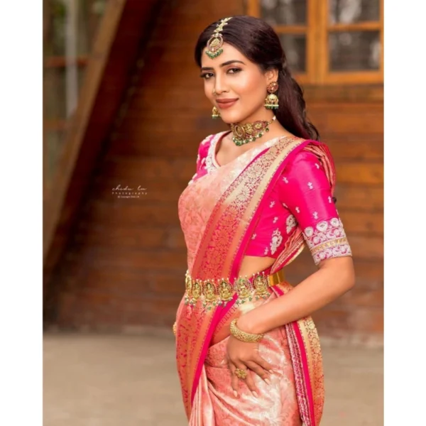 Women's Silk Blend Self Design Banarasi Saree With Unstitched Blouse (5.5Mtr, Peach) - Image 2