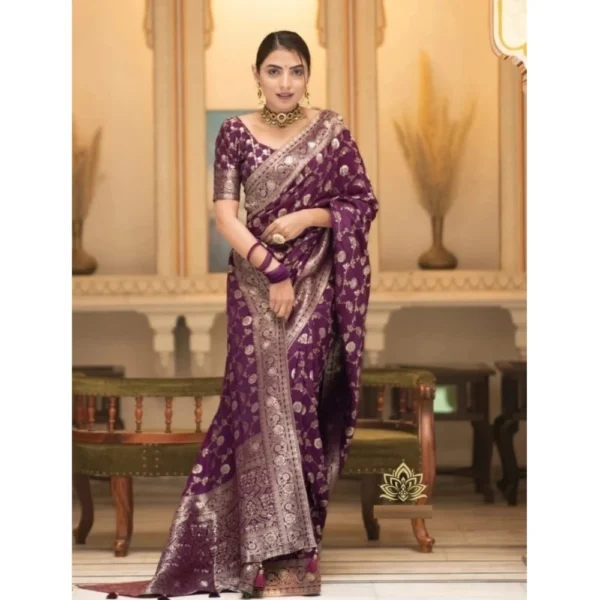 Women's Silk Woven Kanjivaram Saree With Unstitched Blouse (5.5Mtr, Dark Purple) - Image 3