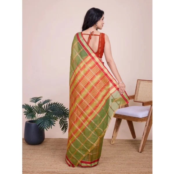 Women's Cotton Silk Checkered Kota Doria Saree With Unstitched Blouse (5.5Mtr, Mehendi) - Image 3