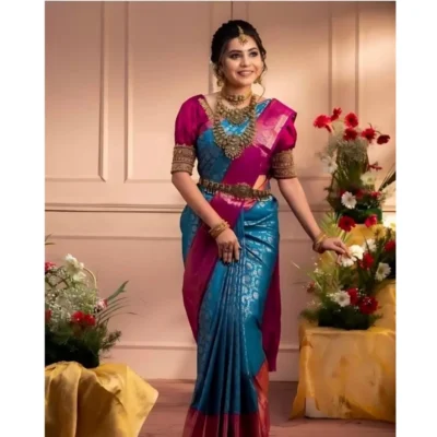 Women's Silk Blend Self Design Banarasi Saree With Unstitched Blouse (5.5Mtr, Sky Blue)