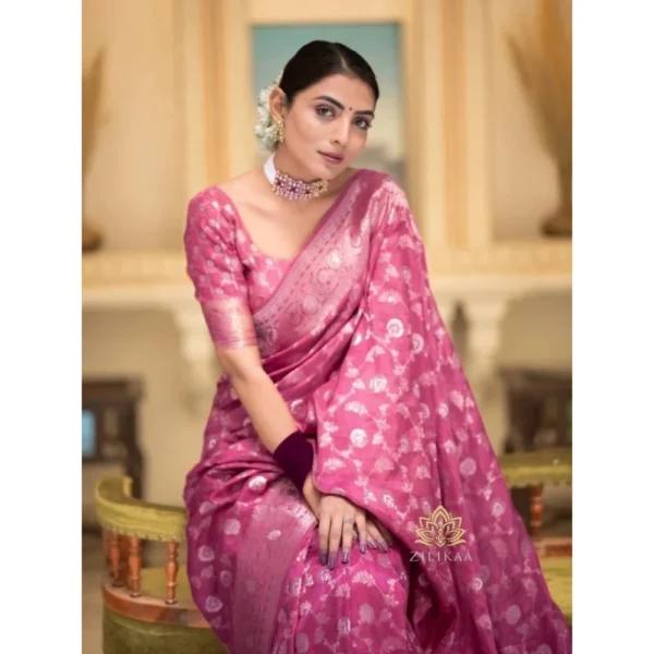 Women's Silk Woven Kanjivaram Saree With Unstitched Blouse (5.5Mtr, Pink) - Image 2