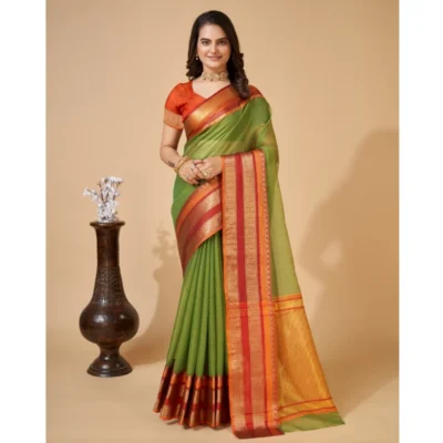 Women's Cotton Blend Woven  Saree With Unstitched Blouse (5.5Mtr, Green)