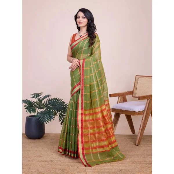 Women's Cotton Silk Checkered Kota Doria Saree With Unstitched Blouse (5.5Mtr, Mehendi) - Image 2