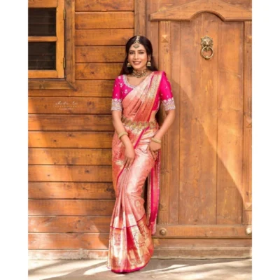 Women's Silk Blend Self Design Banarasi Saree With Unstitched Blouse (5.5Mtr, Peach)